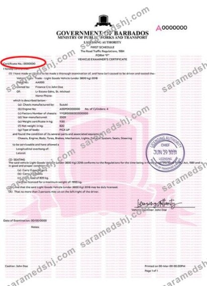 Barbados vehicle registration certificate